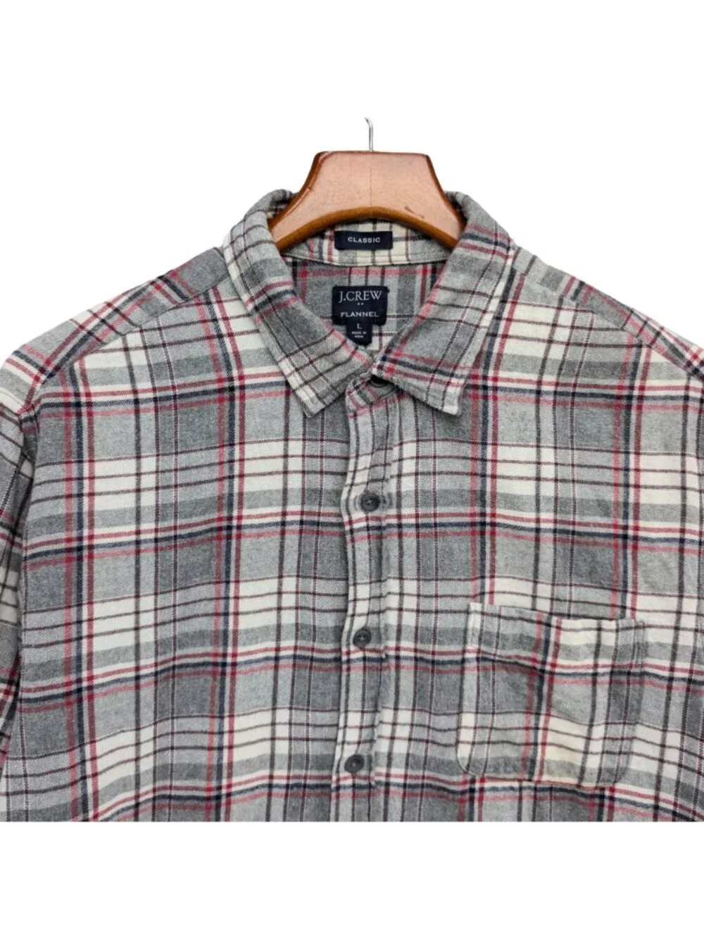 J.CREW Classic Flannel Shirt Mens Grey Red Long Sleeve Button Cotton Down Size L